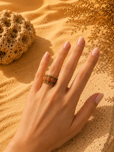Bague PERLA Marron | Bague en œil de tigre & acier inoxydable doré ajustable