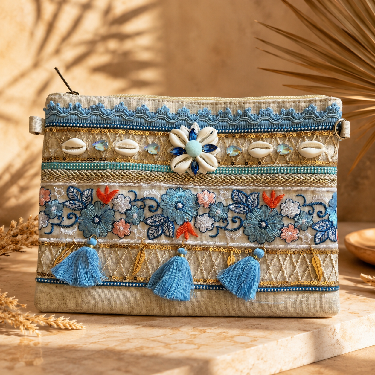 Sac ESMÉE Bleu | Pochette bohème en jute et coton avec bandoulière