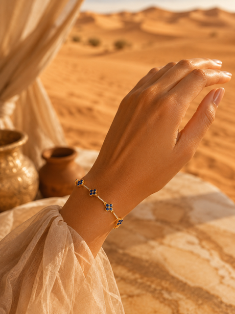 Bracelet ALMA Bleu | Bracelet trèfles bleus en acier inoxydable doré