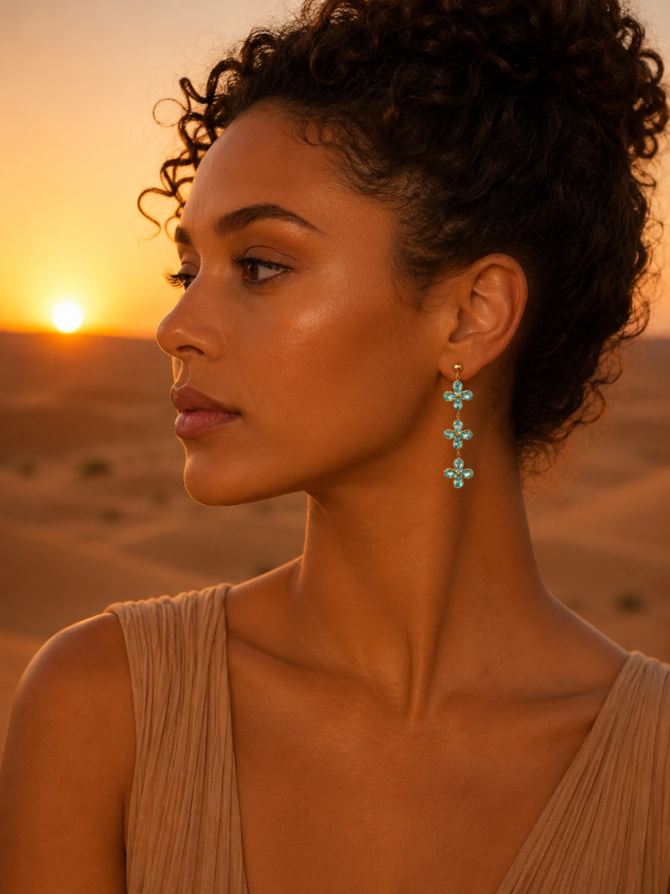 Boucles d'oreilles TESSA Bleues | Boucles pendantes fleurs bleues en zirconium et acier inoxydable doré