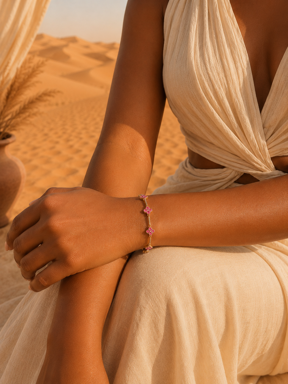 Bracelet ALMA Rose | Bracelet trèfles roses en acier inoxydable doré