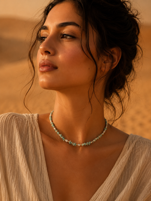 Collier SIRINE Bleu | Collier en amazonite naturelle et acier inoxydable doré