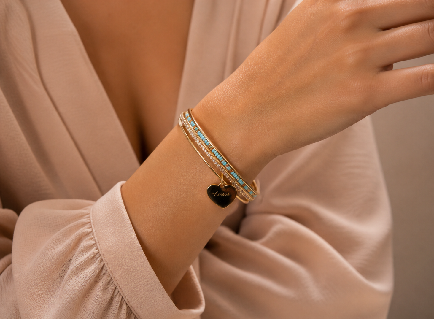 Bracelet Zayana Cœur Secret | Bracelet fin acier inoxydable doré modèle vert